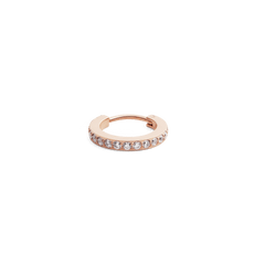Rose gold hoop earring featuring a row of sparkling cubic zirconia crystals set in a petite, polished stainless steel design.