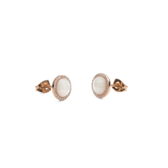 Audrey stud earrings in rose gold with domed mother of pearl centre and sparkling cubic zirconia halo, elegant and refined.