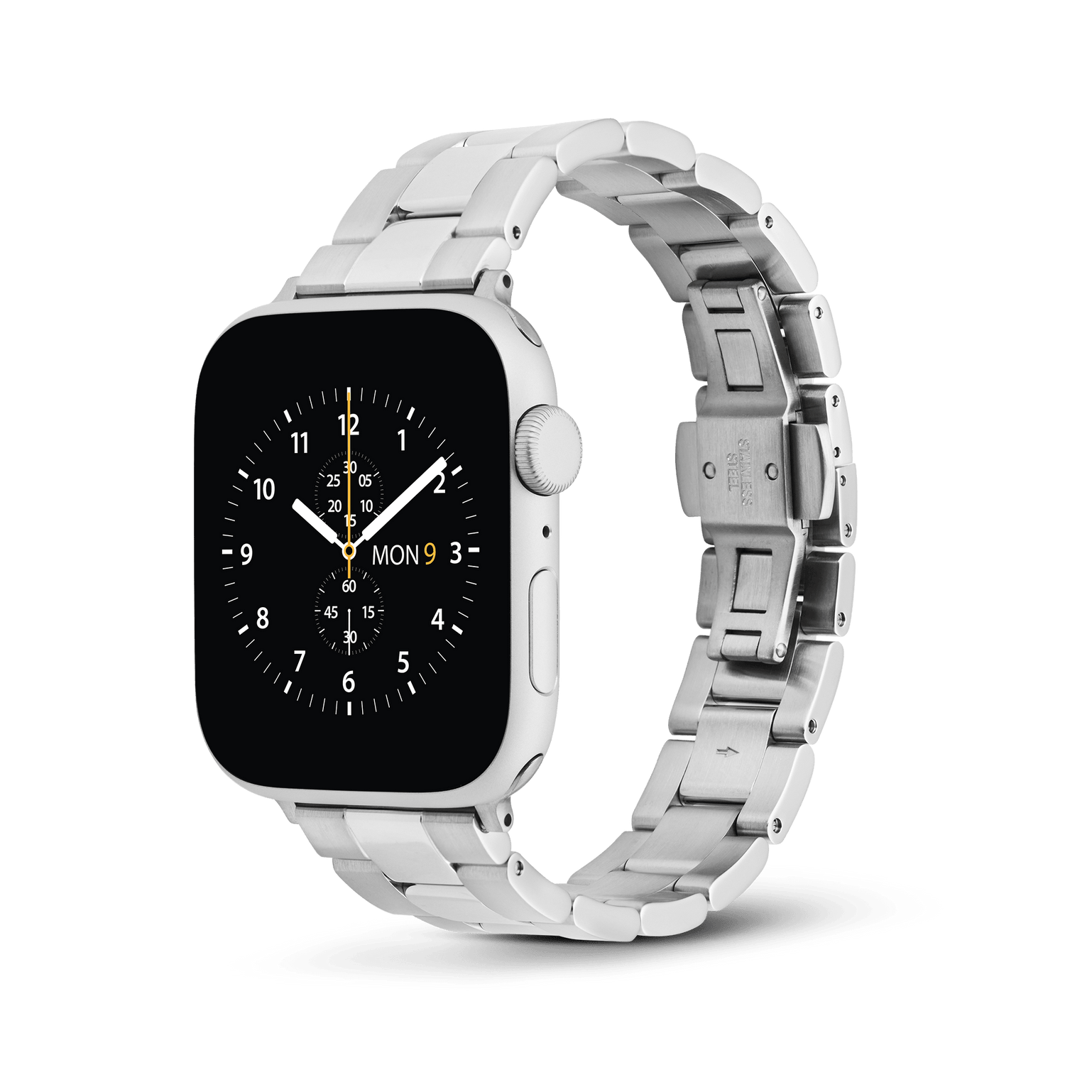 Silver Daniel Wellington Smartwatch Iconic Link strap attached to an Apple Watch, featuring a classic three-link stainless steel design with a brushed and polished finish, butterfly clasp, and a comfortable tapered fit.