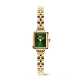 Rectangular gold women’s wristwatch with a polished 3-link bracelet and an emerald green sunray dial, featuring a minimalist no-index face and a sleek, modern profile.