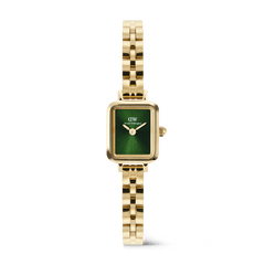 Rectangular gold women’s wristwatch with a polished 3-link bracelet and an emerald green sunray dial, featuring a minimalist no-index face and a sleek, modern profile.