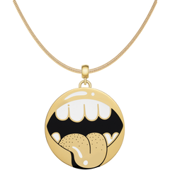 Steven Harrington x DW: Shout Charm gold pendant necklace featuring a bold lips and tongue motif in glossy enamel, displayed on a sleek gold chain for a contemporary, artistic jewellery statement.