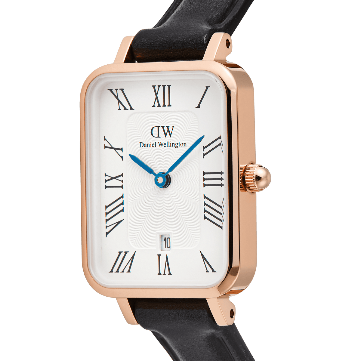 Close-up of the Quadro Roman Numerals Date Sheffield Rose Gold watch, showcasing its rectangular rose gold case, white guilloché dial with black Roman numerals, blue hands, and date window at six o’clock, paired with a black leather strap.