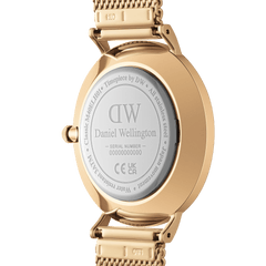 Close-up of the back of the Classic Multi-Eye Evergold Onyx watch, showing the engraved Daniel Wellington branding, stainless steel case, and gold mesh strap.