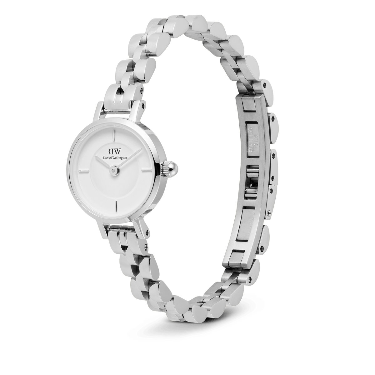 Daniel Wellington Petite Mini Arch 3-link White Silver watch with a petite white dial, minimalist indices, and an open arched 3-link polished stainless steel bracelet featuring a seamless butterfly clasp.
