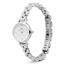 Daniel Wellington Petite Mini Arch 3-link White Silver watch with a petite white dial, minimalist indices, and an open arched 3-link polished stainless steel bracelet featuring a seamless butterfly clasp.