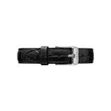 Black croc embossed leather watch strap with a slim, polished silver buckle engraved with subtle branding, designed for a refined and versatile look.