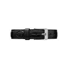 Black croc embossed leather watch strap with a slim, polished silver buckle engraved with subtle branding, designed for a refined and versatile look.