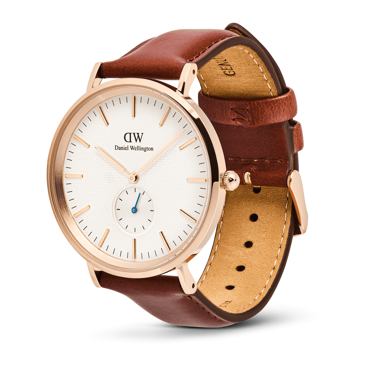 Classic Multi-Eye St Mawes Off-white Sunray Rose Gold watch with a rose gold stainless steel case, textured off-white dial, blue-tinted sub-second hand, and a genuine brown leather strap with pin buckle closure.