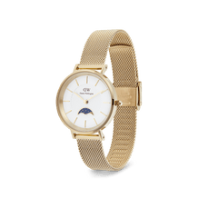 Daniel Wellington Petite Lune Evergold watch with a gold mesh strap, white dial, and moon phase sub-dial, shown in a side profile.