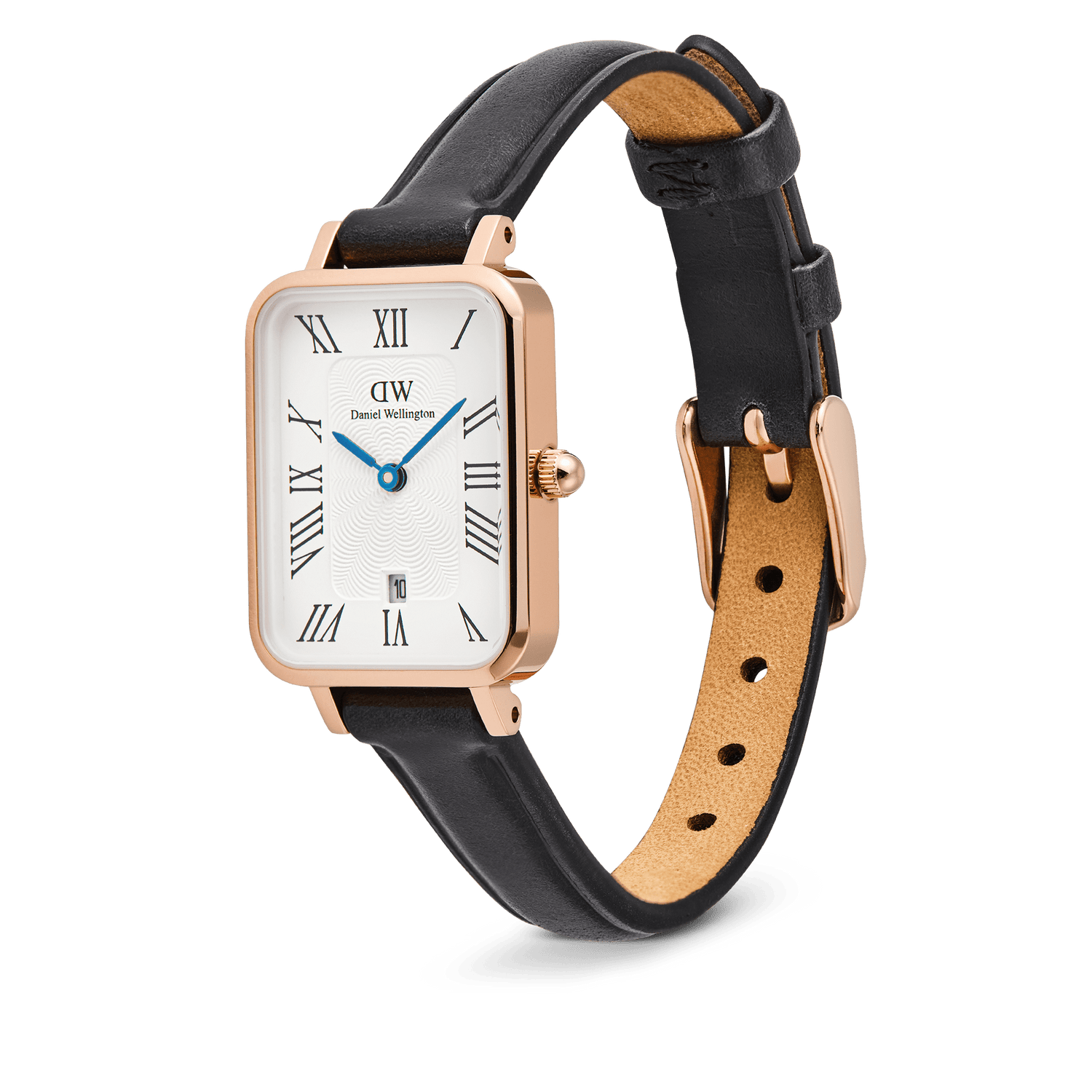 Quadro Roman Numerals Date Sheffield Rose Gold watch featuring a rectangular rose gold case, white guilloché dial with black Roman numerals, blue hands, date display at six o’clock, and a black leather strap with a rose gold buckle.
