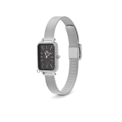 Quadro Crystal Zodiac Sterling ladies watch with black mother of pearl dial, crystal bezel, and silver stainless steel mesh strap.