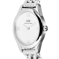 Close-up of Ophelia Mini Silver women’s watch with oval stainless steel case, sunray white dial, and Roman numeral markers.