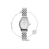 Silver women’s watch with a round face and classic link strap, paired with a delicate silver bracelet featuring a mother of pearl accent, both displayed against a plain background.