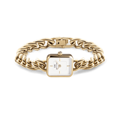 Jolie Chain Gold women’s watch with chunky gold link bracelet, square white dial, and fold-over clasp, elegant jewellery style.