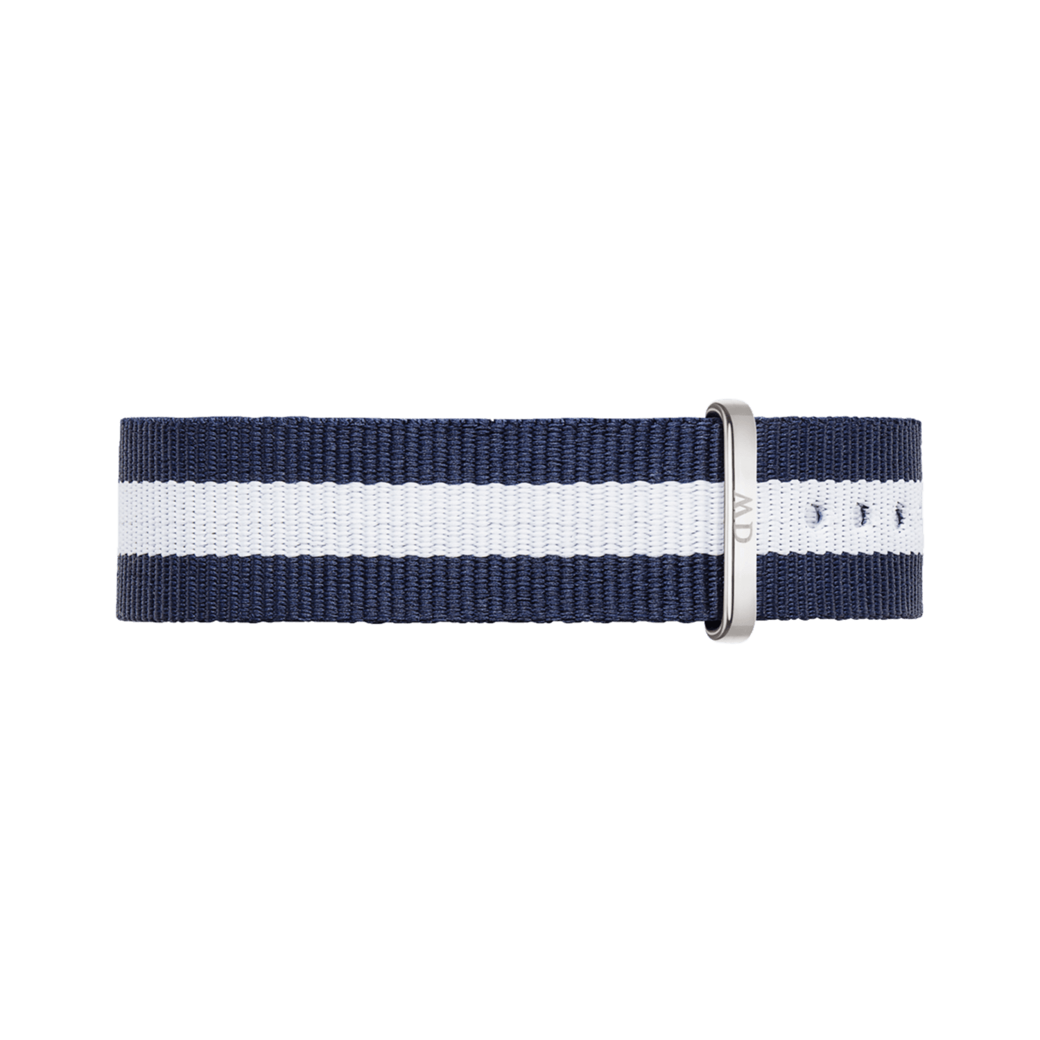 Navy and white striped Glasgow Strap Silver NATO watch strap by Daniel Wellington, featuring a polished silver buckle and durable polyester fabric.