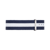 Navy and white striped Glasgow Strap Silver NATO watch strap by Daniel Wellington, featuring a polished silver buckle and durable polyester fabric.