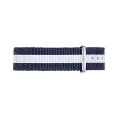 Navy and white striped Glasgow Strap Silver NATO watch strap by Daniel Wellington, featuring a polished silver buckle and durable polyester fabric.