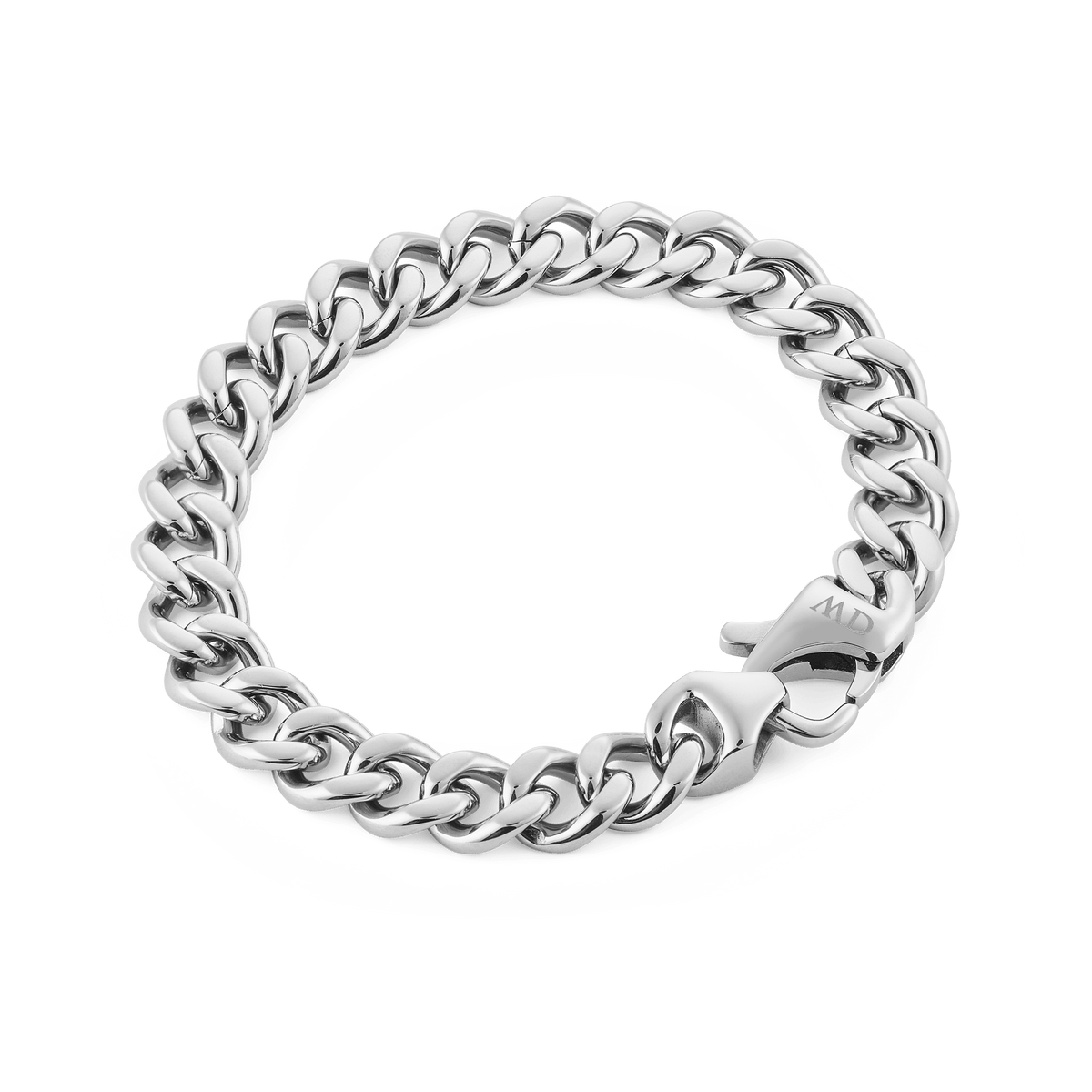 Ellipse Cuban Chain Bracelet Silver featuring chunky, polished stainless steel links and a secure lobster clasp, designed for a bold, contemporary look.