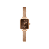 Petite women’s watch with a rectangular deep amber sunray dial, minimalist index markers, and a slim rose gold mesh strap, crafted in stainless steel for an elegant, modern look.