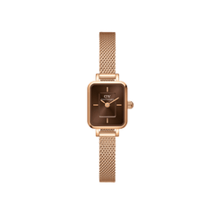 Petite women’s watch with a rectangular deep amber sunray dial, minimalist index markers, and a slim rose gold mesh strap, crafted in stainless steel for an elegant, modern look.