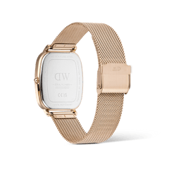 Reverse view of the Daniel Wellington Marlon Melrose Linen watch, showing the polished rose gold cushion-shaped case, stainless steel back, and adjustable rose gold mesh strap with clasp.