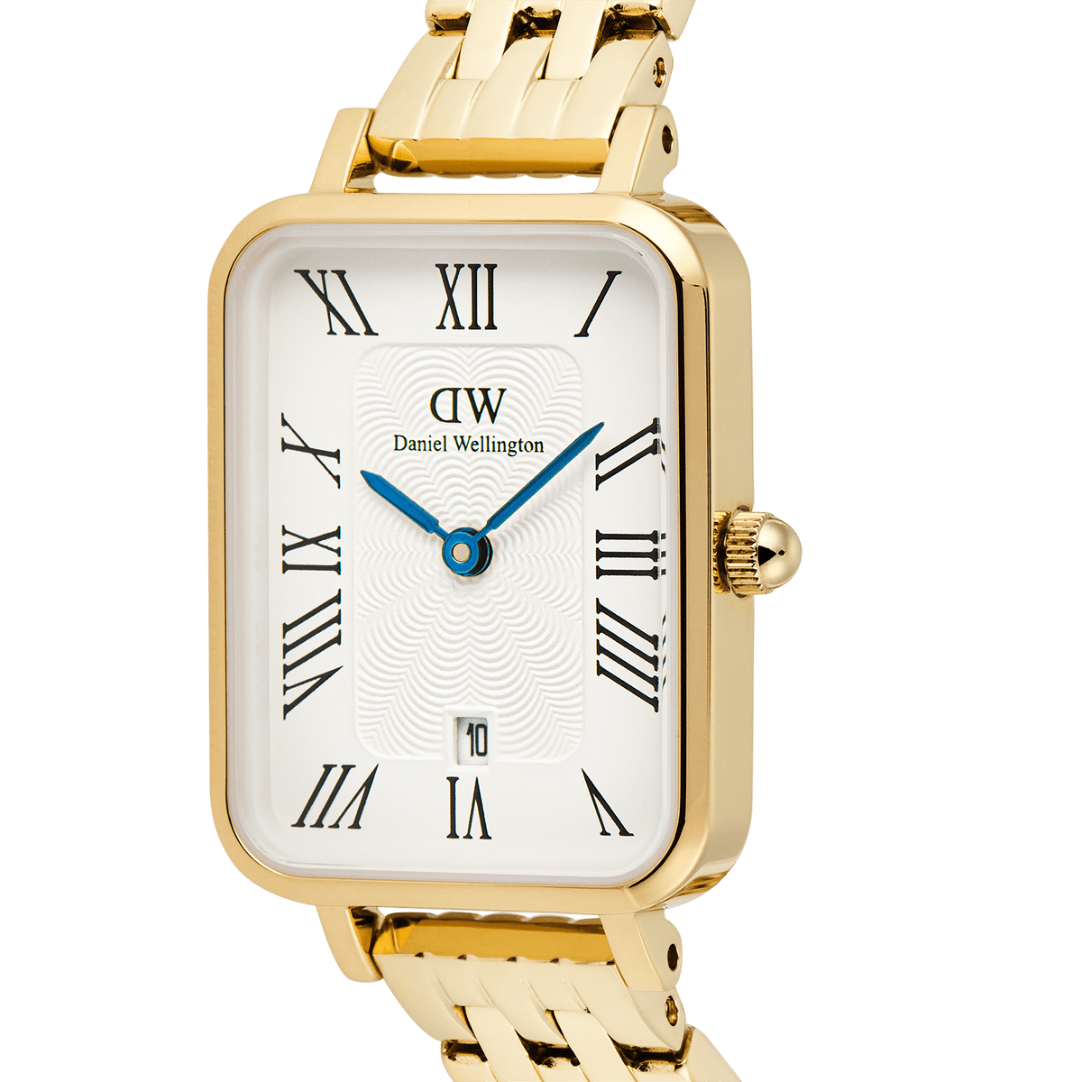 Close-up of the Daniel Wellington Quadro Roman Numerals Date 5-link Gold watch, showing the rectangular gold case, white guilloché dial with black Roman numerals, blue hands, and a date window at 6 o’clock.