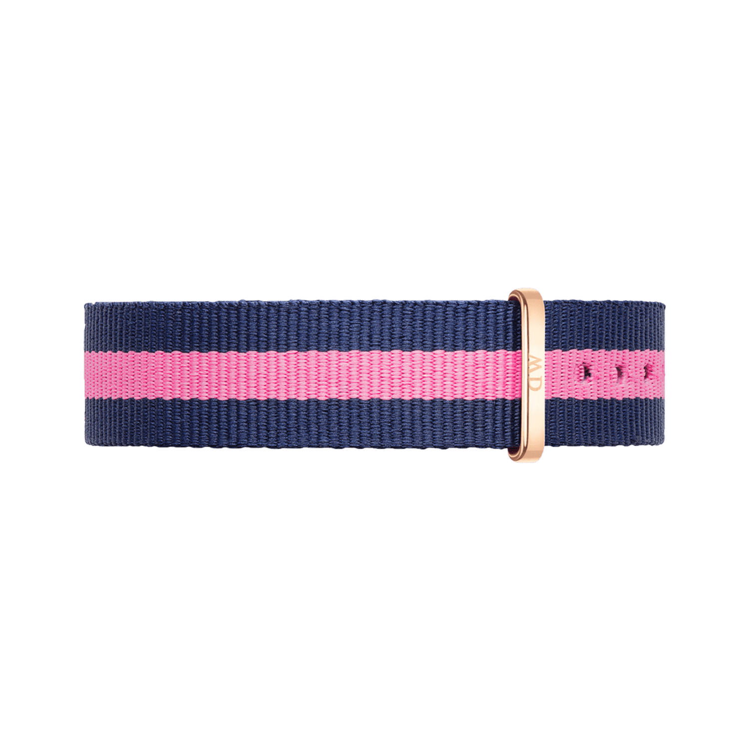 Navy blue and pink striped Daniel Wellington NATO watch strap with an 18mm width, finished with a polished rose gold buckle.
