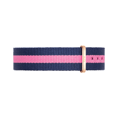 Navy blue and pink striped Daniel Wellington NATO watch strap with an 18mm width, finished with a polished rose gold buckle.