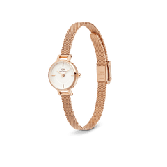Petite Mini Melrose women’s watch with a 19mm round white dial and rose gold mesh strap, featuring a slim profile and minimalist design ideal for small wrists.