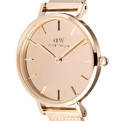 Close-up of the Petite Reflection Rose Gold watch, highlighting its mirror glass dial, minimalist markers, and polished rose gold case for a refined, elegant look.