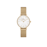 Gold mesh women’s watch with white mother of pearl dial and crystal bezel, Daniel Wellington Petite Lumine Bezel Evergold.