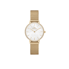 Gold mesh women’s watch with white mother of pearl dial and crystal bezel, Daniel Wellington Petite Lumine Bezel Evergold.