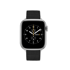 Apple Watch with a silver case and black recycled polyester NATO strap, featuring a classic chronograph watch face display.