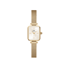 Quadro Mini Evergold Champagne women’s watch with gold mesh strap and rectangular champagne sunray dial by Daniel Wellington.