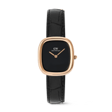 Women's Daniel Wellington Margot Reading Onyx Ceramic Rose Gold watch featuring a square rose gold case, minimalist black onyx ceramic dial, and a genuine black croc leather strap. The design is elegant and modern, with polished rose gold hands and no indices for a refined finish.