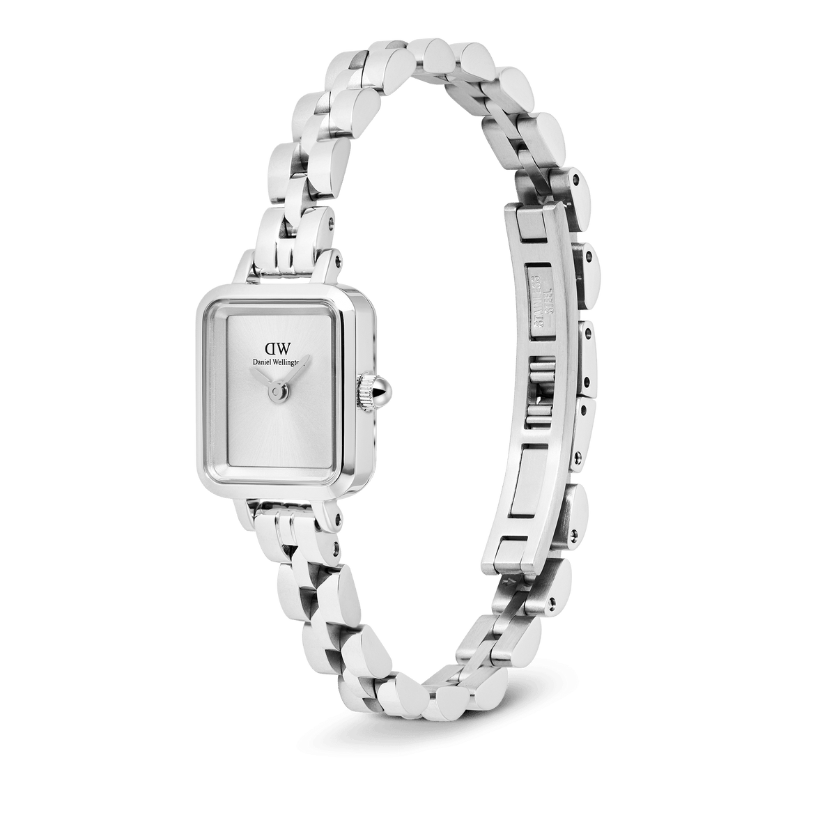 Quadro Mini Arch 3-link White Sunray Silver watch shown at an angle, highlighting its rectangular sunray white dial, polished stainless steel case, and distinctive arched 3-link bracelet with an open butterfly clasp.