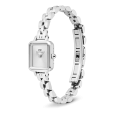 Quadro Mini Arch 3-link White Sunray Silver watch shown at an angle, highlighting its rectangular sunray white dial, polished stainless steel case, and distinctive arched 3-link bracelet with an open butterfly clasp.