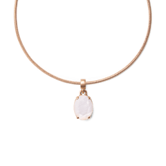 Rose gold necklace featuring an oval mother of pearl charm with a delicate prong setting, highlighting the charm’s natural iridescence and elegant simplicity.
