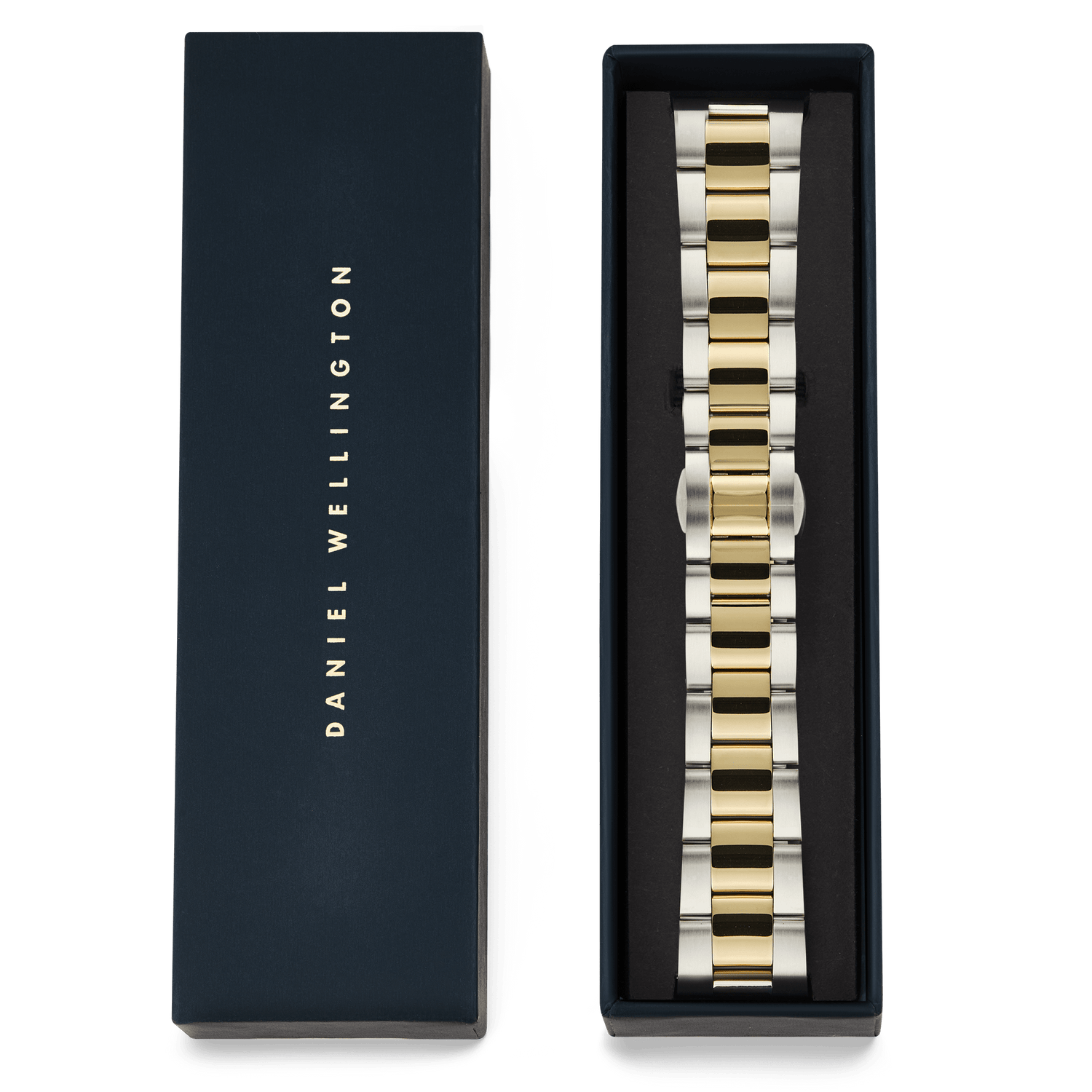 Daniel Wellington Smartwatch Iconic Link two-tone strap, featuring polished gold and brushed silver stainless steel links, elegantly presented in a signature navy gift box.