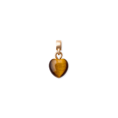 Heart-shaped rose gold charm featuring a polished tiger eye stone with natural golden-brown veining, set on a minimalist rose gold bail.