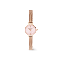 Petite Mini Blush Melrose watch with a blush pink sunray dial, minimalist hour markers, and a slim rose gold mesh strap.