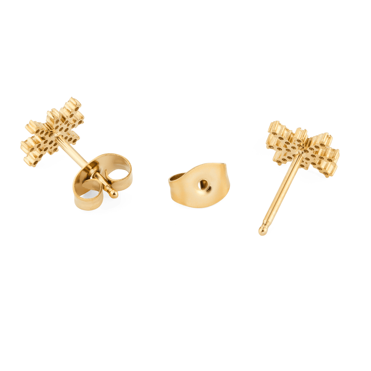 Back view of Mirelle Star Earring Gold stud earrings, highlighting the gold-tone star design, secure stud posts, and butterfly backs, displayed on a plain background.