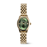 Gold women’s watch with an oval emerald green sunray dial, polished gold Roman numerals, and a refined link bracelet, designed for a comfortable fit on smaller wrists.