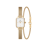 Quadro Mini Evergold & Bracelet 1.8 set featuring a rectangular gold Daniel Wellington watch with a white dial and slim mesh strap, paired with a delicate adjustable gold bracelet, both showcasing a refined and minimalist design.