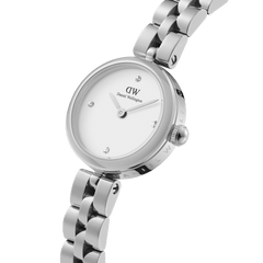 Elan Lumine Silver women’s watch with white minimalist dial, crystal hour markers, and polished stainless steel bracelet.