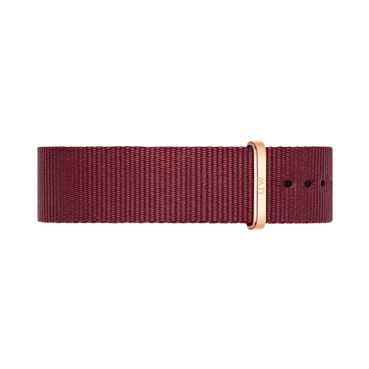 Roselyn Strap Rose Gold features a deep ruby red polyester NATO strap with an elegant rose gold buckle, designed for Daniel Wellington watches and suitable for both men’s and women’s styles.
