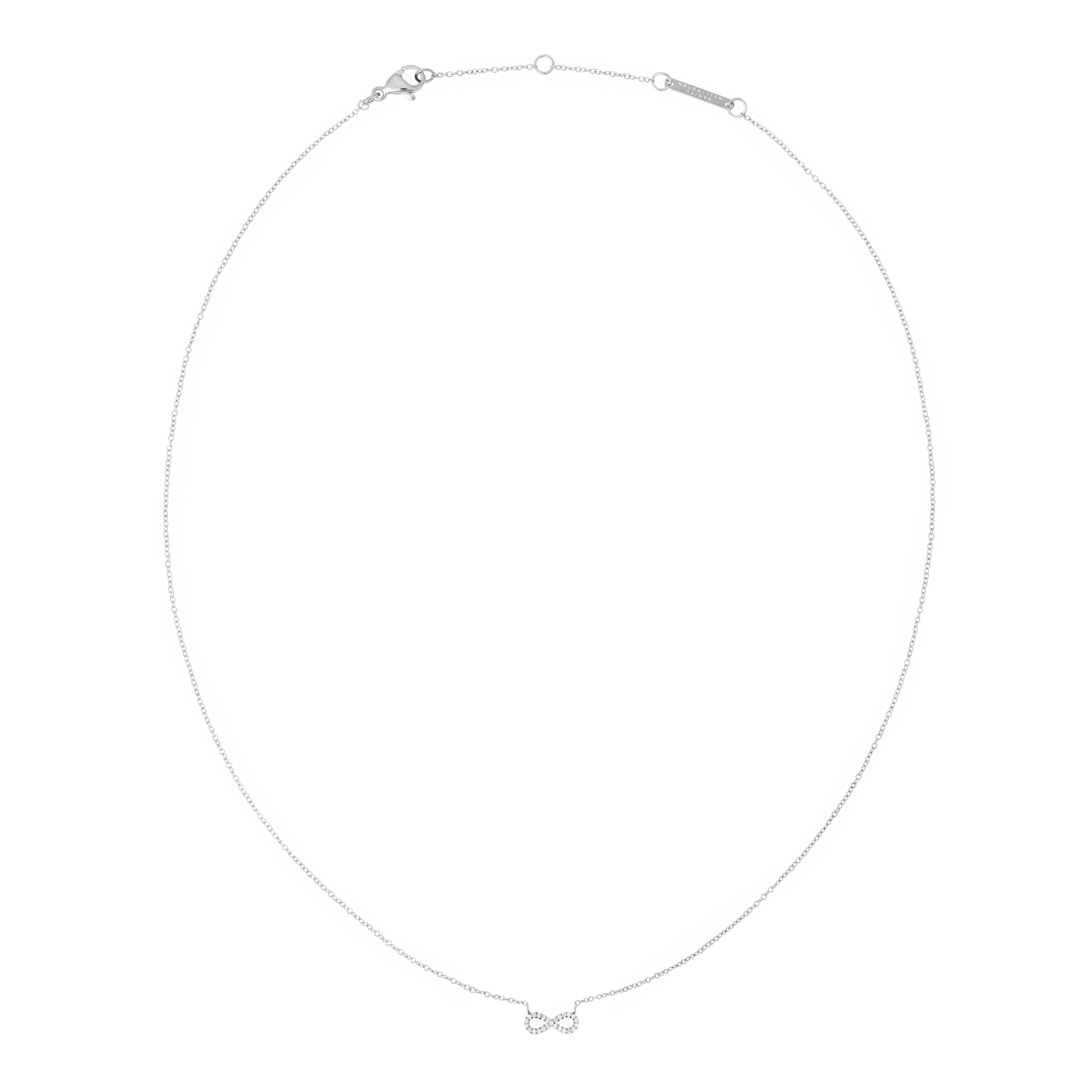 Delicate silver necklace featuring an infinity symbol pendant set with sparkling white cubic zirconia crystals on a fine adjustable chain.