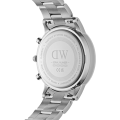 Close-up of the case back of the Iconic Chronograph Link Onyx S, showing the engraved Daniel Wellington branding, stainless steel construction, and brushed silver link bracelet.