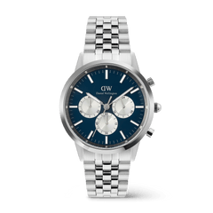Daniel Wellington Iconic Chronograph Arch 5-Link Arctic Panda Silver watch featuring a polished stainless steel bracelet, deep blue enamel-finished dial, and contrasting silver sub-dials with luminous hands and indexes.
